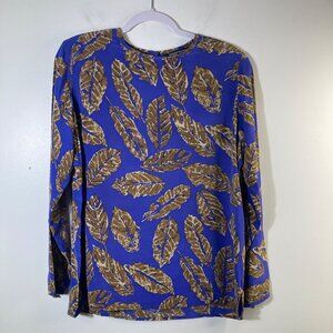 Womens Vintage Ann May Silk Blouse Leaf‎ Pattern Blue Brown M Silk